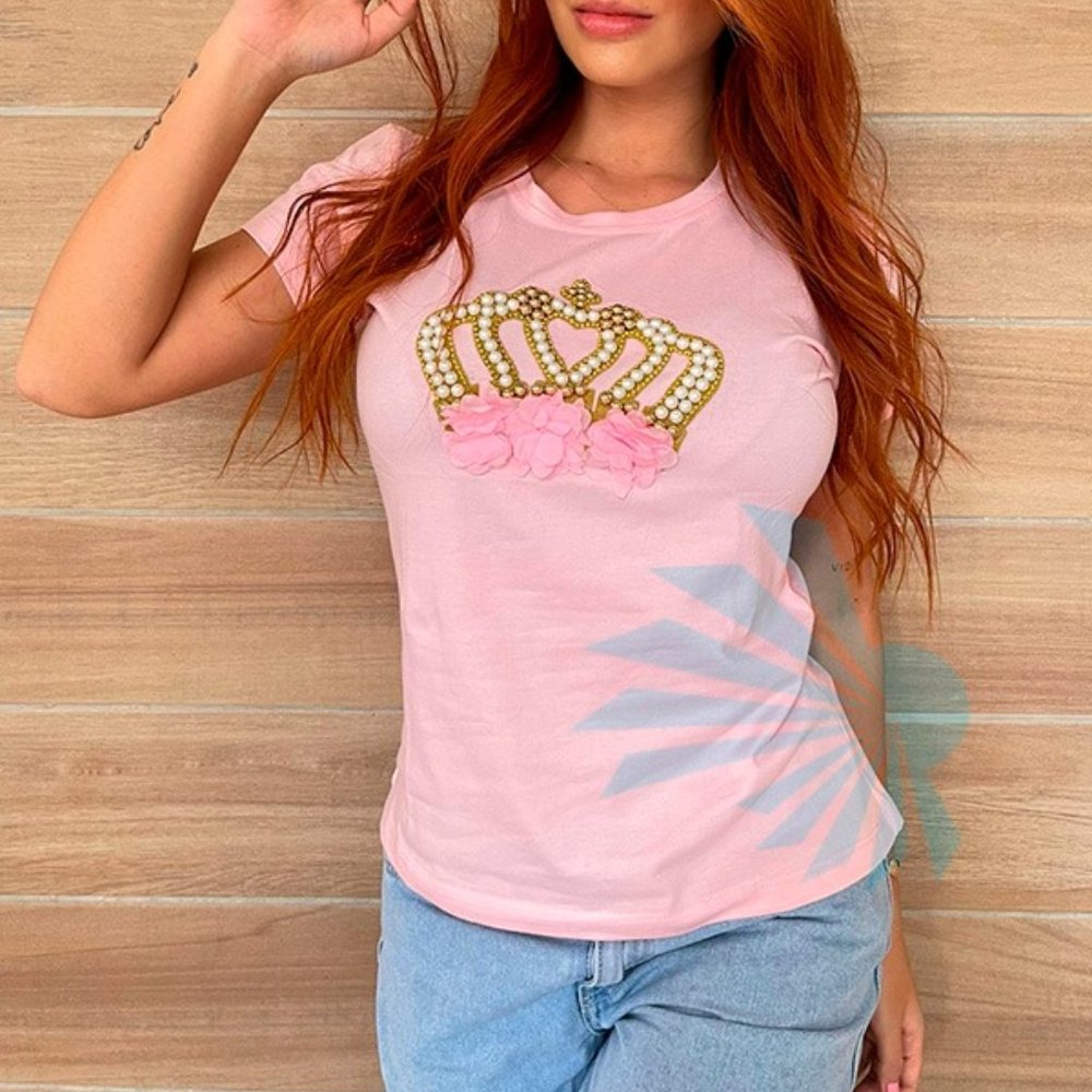 QUEEN Crown Rhinestone/Pearls HANDMADE, Ladies Tee, Bling T-Shirt, PINK